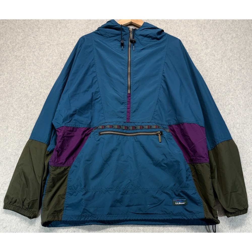 L.L. Bean Mens Hooded Windbreaker Jacket Teal Blue Colorblock Anorak Aztec L
